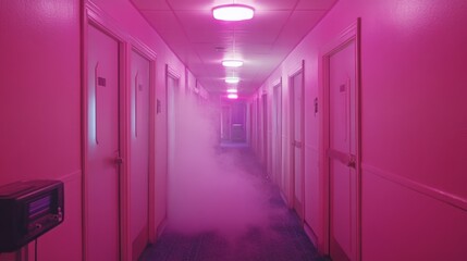 Pink-lit hotel corridor, smoky atmosphere