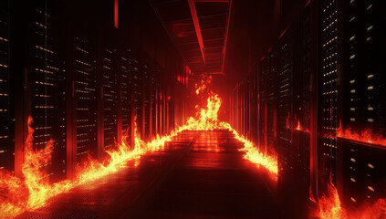 A dark data center filled with rows of servers is dramatically illuminated by flames, highlighting a potential fire hazard