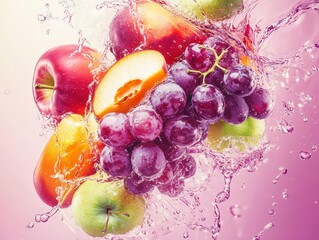 Fresh Fruits Splashing in Water with Colorful Background