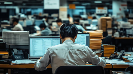 a corporate office environment, viewed across a large, open floor plan. Numerous employees are seated at their desks, deeply focused on their computer screens, indicative of a typical busy working day