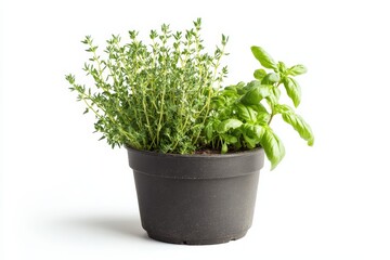 Naklejka premium Thyme and Basil Herb Potted Plant - Fresh thyme and basil herbs growing together in a dark pot. Symbolizing: growth, freshness, flavor, nature, culinary