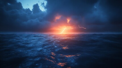 A lightning strike hitting the ocean surface during a stormy night at sea