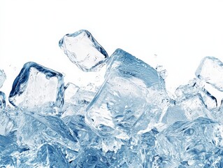 Clear Ice Cubes in Bright Light on White Background