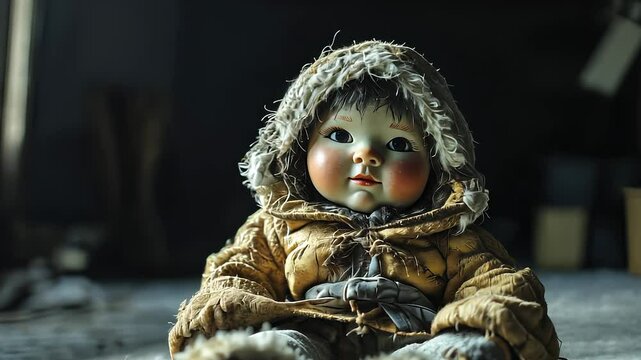 Old doll sitting on the floor. A room with a doll on the floor. A light coat of fur on a window. An aged doll placed on the ground lifestyle.