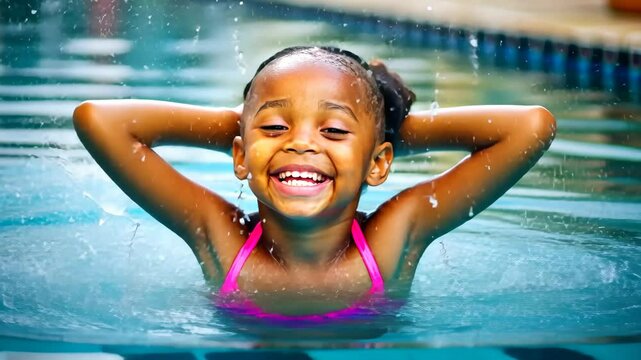 Blak African American child swimming in pool