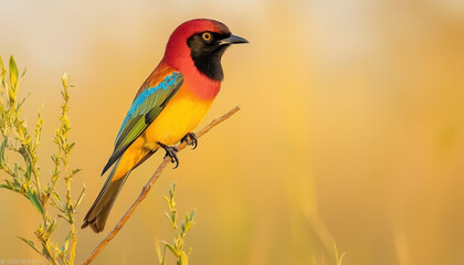 Fototapeta premium vibrant bird perched on thin branch, showcasing colorful plumage