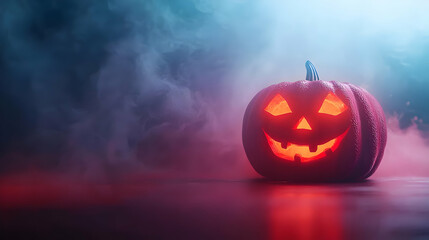 Glowing Carved Pumpkin with Fiery Eyes in a Dark and Smoky Halloween Scene