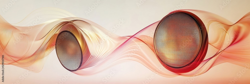 Fototapete Creative display of 3D speakers emitting vibrant light waves in a modern artistic setting at dusk. Generative AI