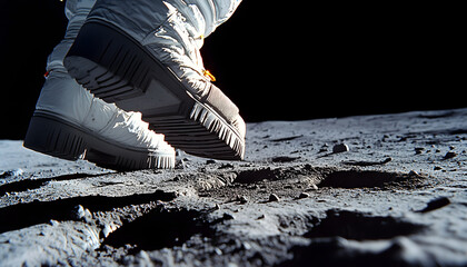 First astronaut achievements. Astronaut boots leaving footprints on lunar soil, showcasing exploration