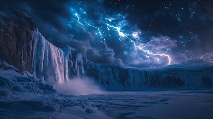 Naklejka premium A powerful lightning storm over a frozen waterfall in a remote arctic landscape
