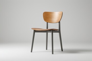 there is a wooden chair with a black seat and a wooden back