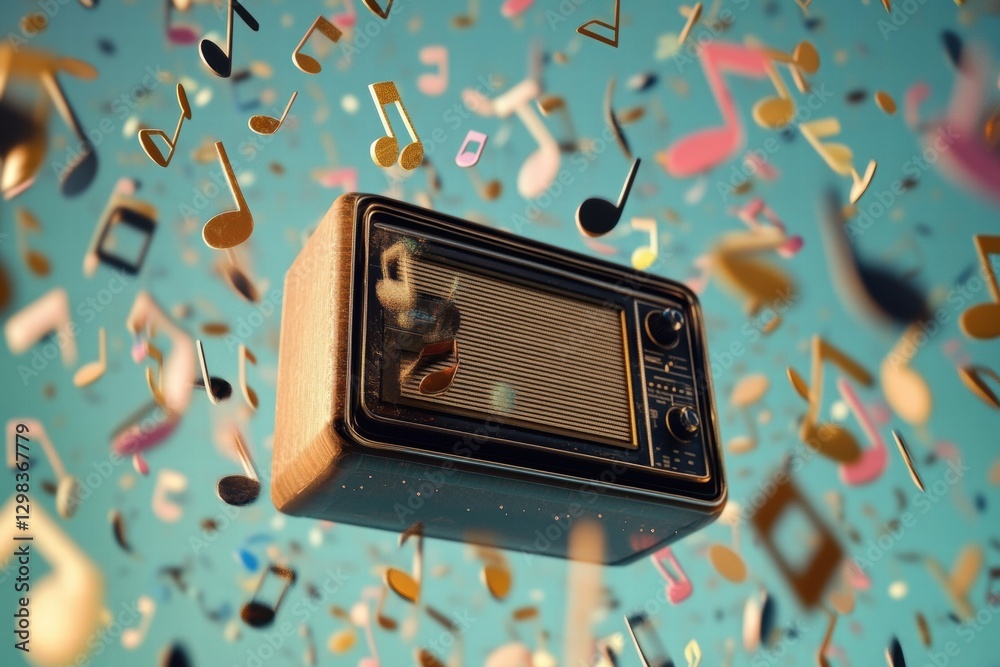Poster vintage radio surrounded by colorful musical notes with a playful background. generative ai