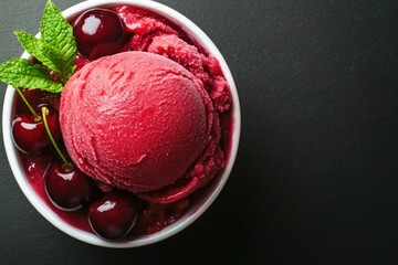 Rich cherry sorbet topped with fresh cherries and mint leaves in