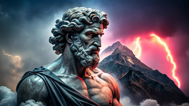 A greek mythology muscular god standing on the top of the mountain. Powerful mythical figure under stormy sky, dramatic stance and red glow, concept of strength and mythology