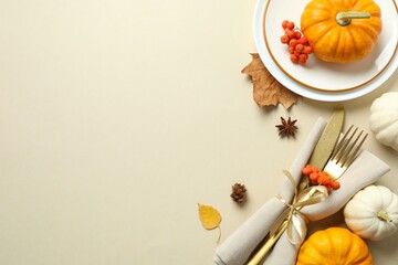 Rustic holiday table setup. Top view with plates, cutlery and autumn decorations. Empty space for...