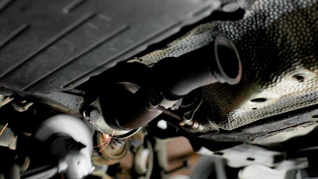Cutting a seized rusty bolt under a car with an angle grinder. Lots of sparks. Static close up in 4k.