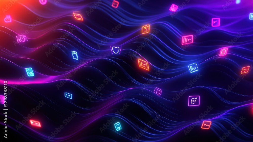Poster Vibrant wave of icons representing digital technology and communication in a colorful abstract design. Generative AI