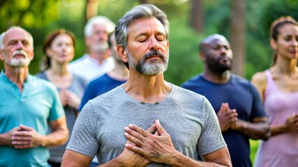 Group meditation session in studio, peaceful and serene atmosphere with focus on man in gray t-shirt, concept of mindfulness and relaxation, suitable for wellness centers and meditation retreats