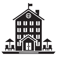 Beachside Hotel Building with Flag and Umbrella Silhouette Illustration