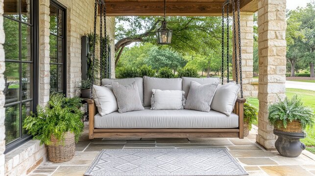 Rustic swing porch seating in sunlit Texas