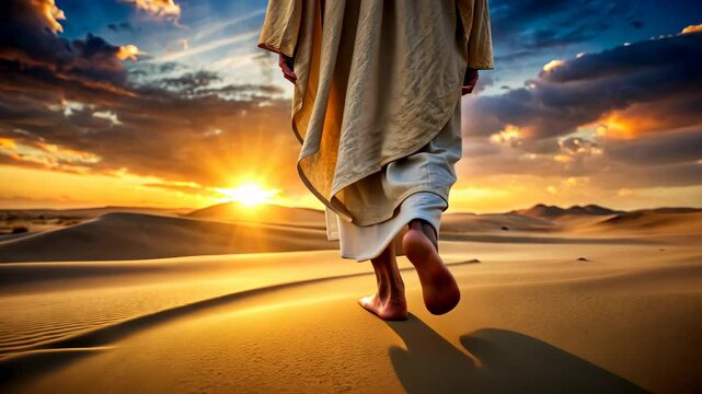 Close up of the feet of Jesus walking on the sand of dessert at sunset