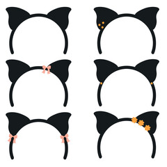 Vector black cat hoops. Vector set of cute cat hoops with flowers and bows in flat style. Cat ears hoop isolated on white background. Holiday hat for party. Vector elements eps. 