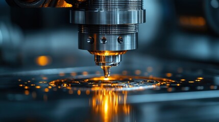 Precision industrial process close-up showcasing a metallic nozzle dispensing molten material onto a surface, creating a dynamic visual with sparks and reflections.