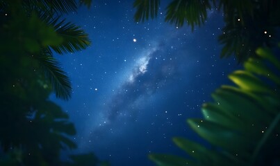 Milky Way in the night sky seen between tropical leaves, Generative AI