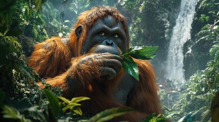 Obraz premium An enchanting glimpse into the life of an orangutan amidst a vibrant, verdant forest; its serene gaze captivates from the heart of this lush haven