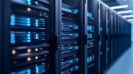 Rows Of Modern Server Racks With Blue And Orange Lights In A Data Center