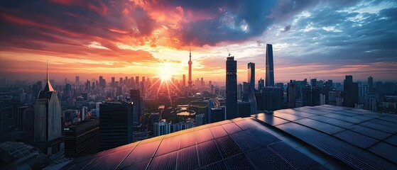 Stunning Sunset over Shanghai Skyline with Solar Panels