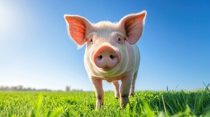Happy Pig in Green Grass Under Bright Blue Sky at Sunny Day