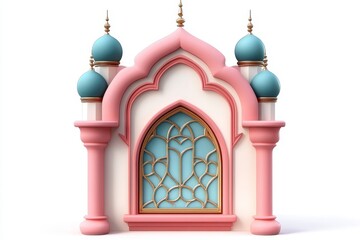 Obraz premium 3D Cartoon Arabic Window Frame on White Background - A charming 3D of a pink and teal arabic window frame, symbolizing architecture, culture, artistry, design, and tradition. Ideal for websites