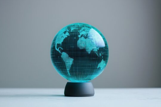 A glowing, holographic globe displaying Earth, showcasing continents and a grid pattern, placed on a simple base against a neutral background. - Powered by Adobe