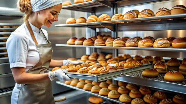 Smiling woman in baker's hat with bread basket, bakery shelves in background, concept of artisan bread-making, suitable for bakery industry and food enthusiasts