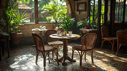 Obraz premium Cozy indoor caf? setting with a wooden table and chairs surrounded by lush greenery and sunlight