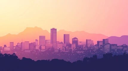 Fototapeta premium Vibrant sunset backdrop over city skyline showcasing silhouettes of buildings against a colorful horizon