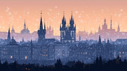 Obraz premium City skyline silhouette at dusk with snowflakes falling over the horizon
