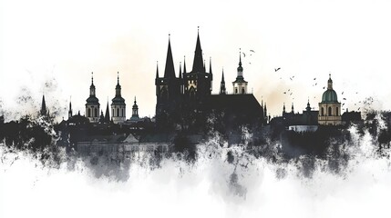 Naklejka premium Silhouette of a historic city skyline against a soft horizon with clouds and birds at twilight