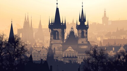Fototapeta premium Majestic city silhouette under a golden horizon with captivating architectural features at dawn