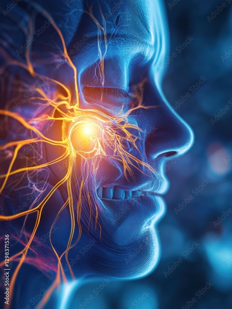 Poster futuristic human profile with glowing neural connections and vibrant energy effects in a technology 