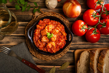 Pork in tomato sauce, accompanied by the ingredients for its preparation, a traditional dish from Andalusia, Spain.