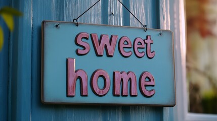 Charming Home Sign with Sweet Home Phrase on Blue Wall