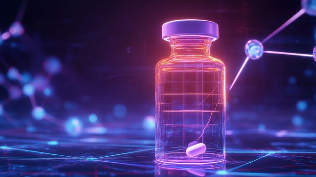 Futuristic Holographic Medicine Bottle Rotating in Mid Air