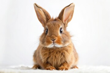 A charming, fluffy brown rabbit, its floppy ears endearing, perfectly posed against a white background.