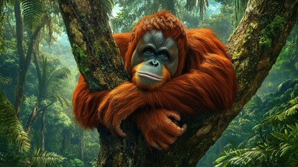 Obraz premium A vibrant orange-brown orangutan rests serenely on a tree trunk amidst a richly verdant forest, its expressive eyes capturing the tranquility of nature's embrace