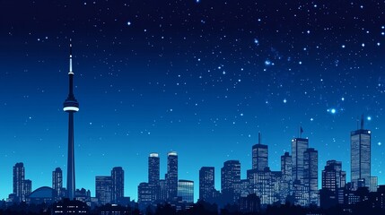 Fototapeta premium Silhouette of a vibrant city skyline under a starlit night sky, highlighting architectural features and urban landscape