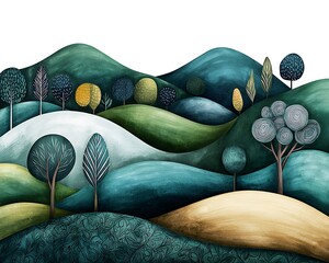 Obraz premium Abstract painted hills with colorful trees on a white background, for wall decor