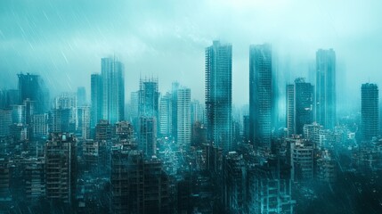 Fototapeta premium Raining skyline with blurred high-rise buildings at dusk in a vibrant urban city silhouette