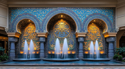 Obraz premium Elegant water fountains with intricate tile work in a luxurious indoor setting, showcasing vibrant colors and serene ambiance